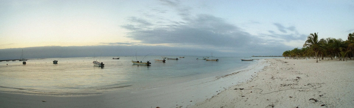 Wide panorama of Akumal Bay beach curving between two jungle headlands in Mexico