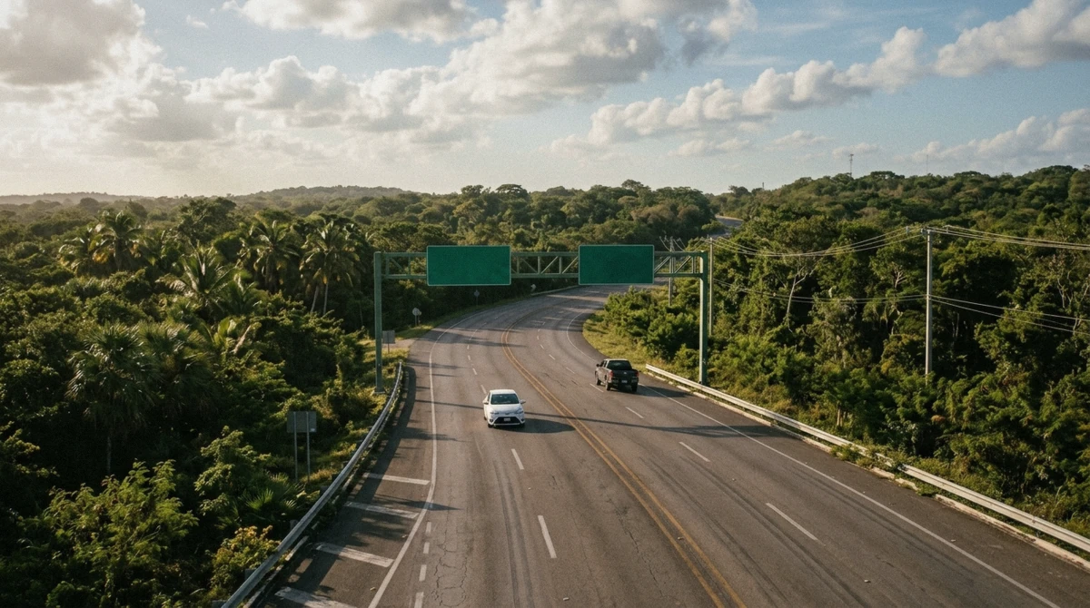 Wide tropical highway with light traffic cutting through low jungle in Quintana Roo