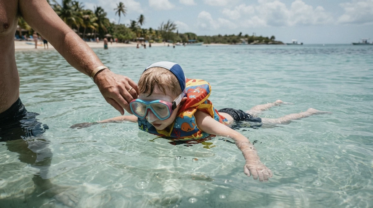 A child in a colourful life jacket and mask floating on the surface of shallow clear turquoise water