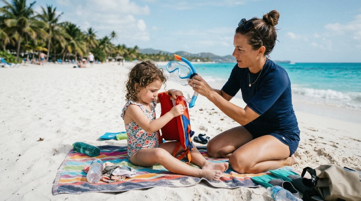 Young child sitting on a beach towel pulling on a small life jacket while a parent adjusts a mask