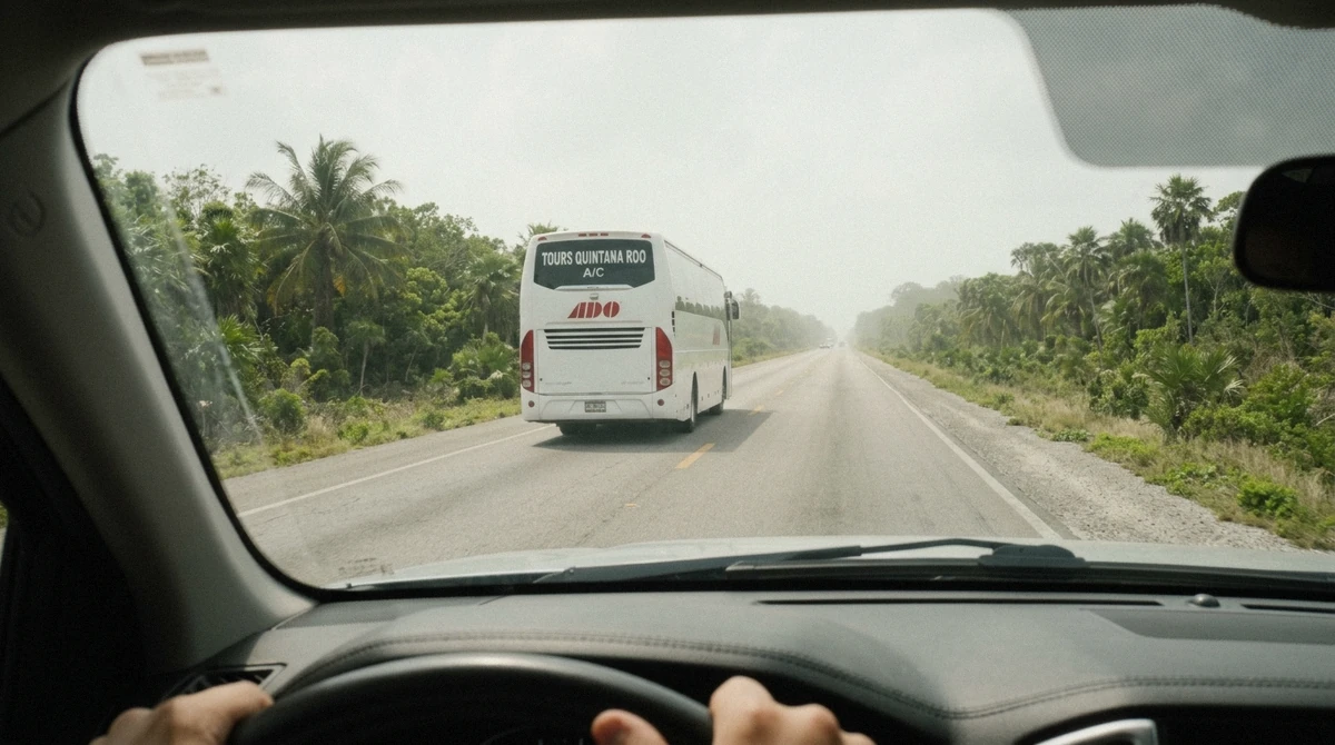Tour coach on a straight tropical highway lined with low jungle in Quintana Roo
