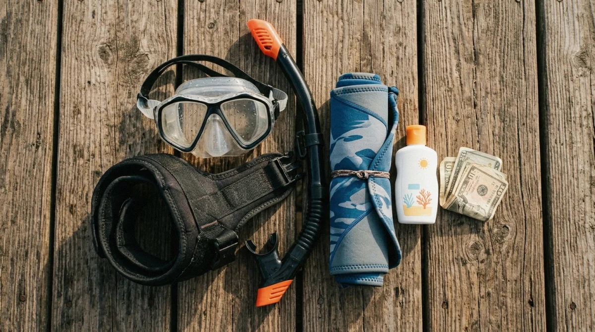 Snorkeling kit laid on weathered wood: mask, snorkel, life vest strap, rash guard and folded cash