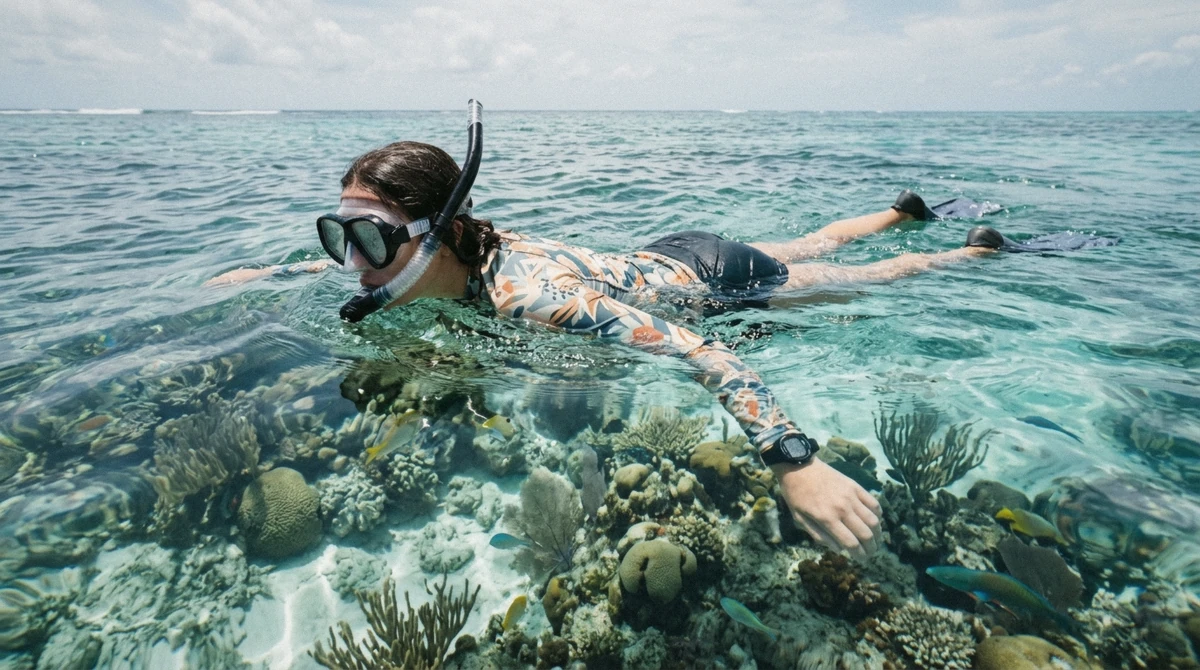 Snorkeler in a long sleeve patterned rash guard floating over clear shallow reef in strong sun