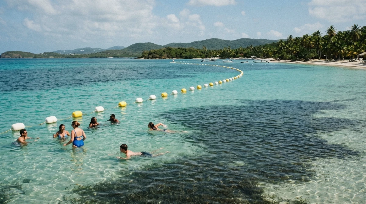 A line of white and yellow buoys stretching across clear shallow turquoise water over seagrass