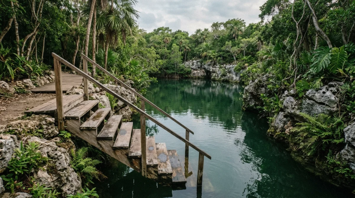 Wooden entry stairs down into a calm brackish lagoon between limestone rocks