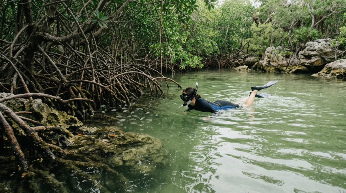 Calm brackish lagoon water meeting mangrove roots and limestone rocks with a snorkeler floating past
